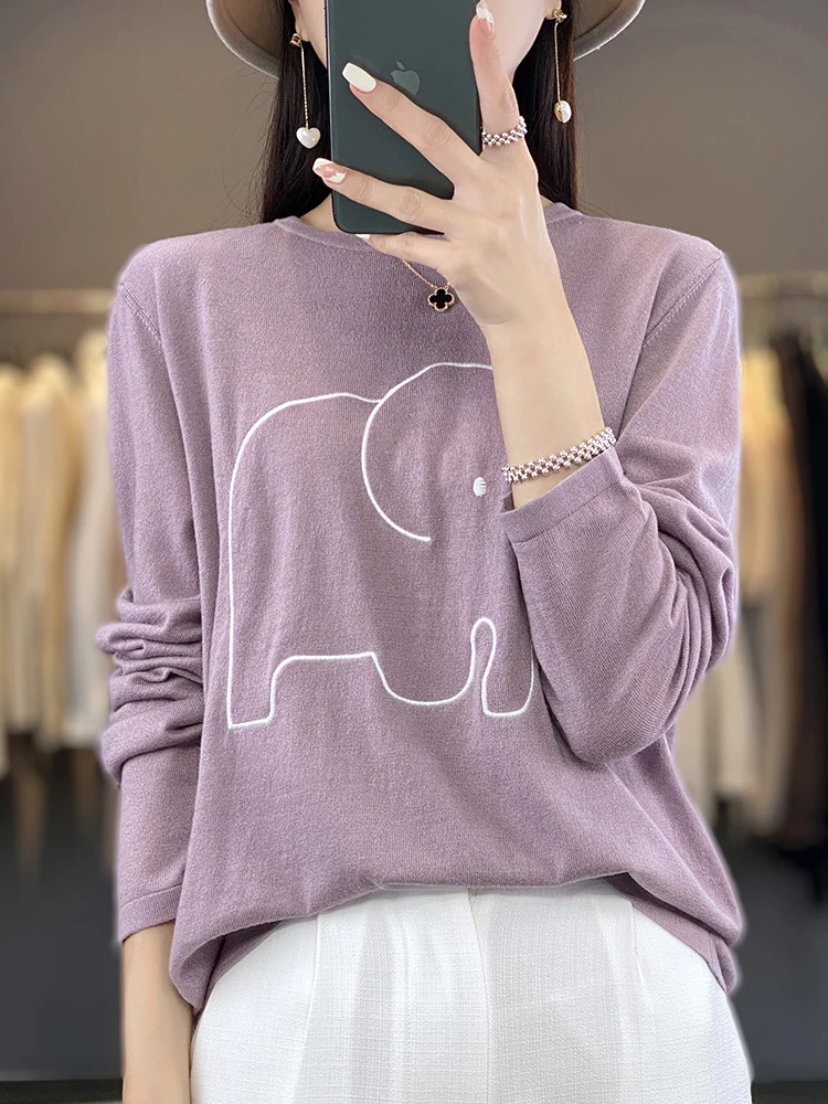 100% ميرينو الصوف المرأة البلوز سترة الكرتون الخريف الشتاء س الرقبة متعدد الألوان طويلة الأكمام فضفاضة ملابس خارجية موضة لينة القمم