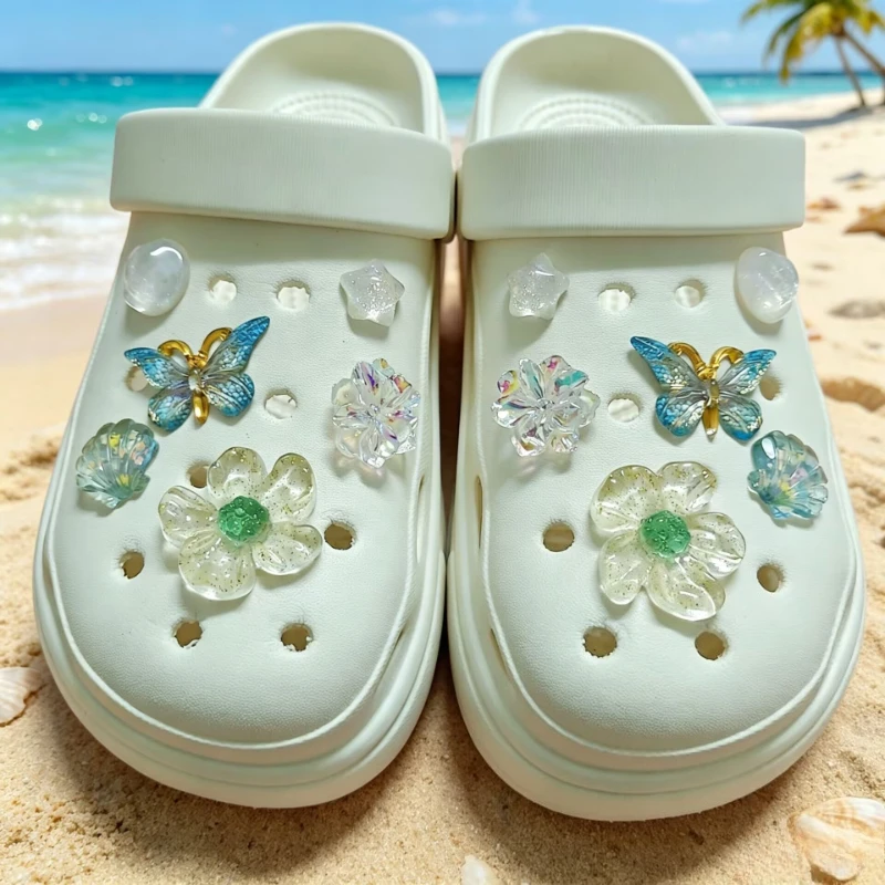 12pcs Transparent Blue Butterfly Garden Shoe Accessories DIY Cute Style Women's Beach Shoes Decorative Buckle Flower