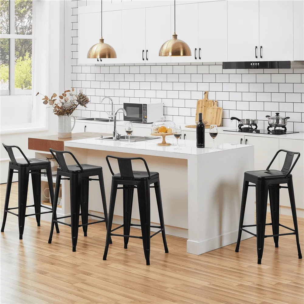 26 Inch Metal Bar Stools with Backs, Black Dining Chairs