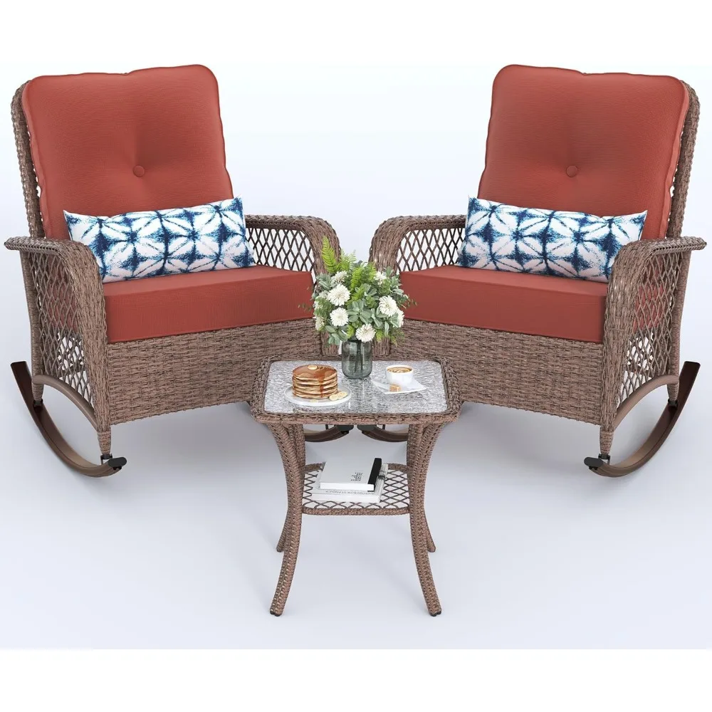 

3 Piece Patio Rocking Bistro Set, Outdoor Wicker Rocking Chair Set of 2 with Side Table, Porch Wicker Furniture with 4" Cushion