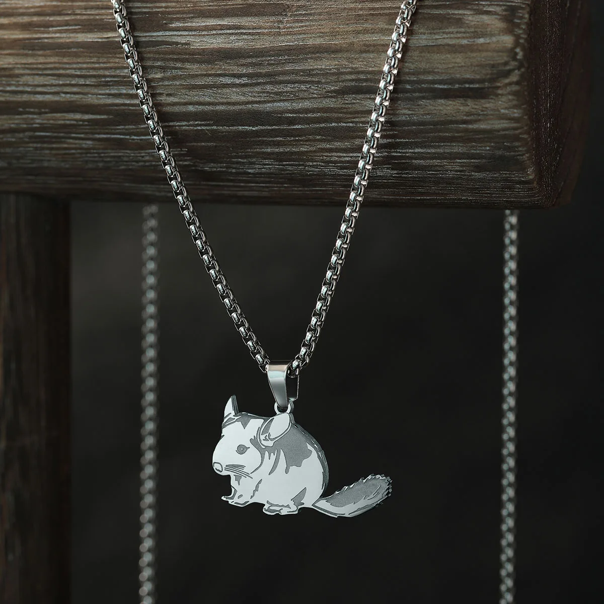 Kinitial Cute Chinchilla Pendant Men Stainless Steel Mouse Animal Charm Necklace Women Men Jewelry