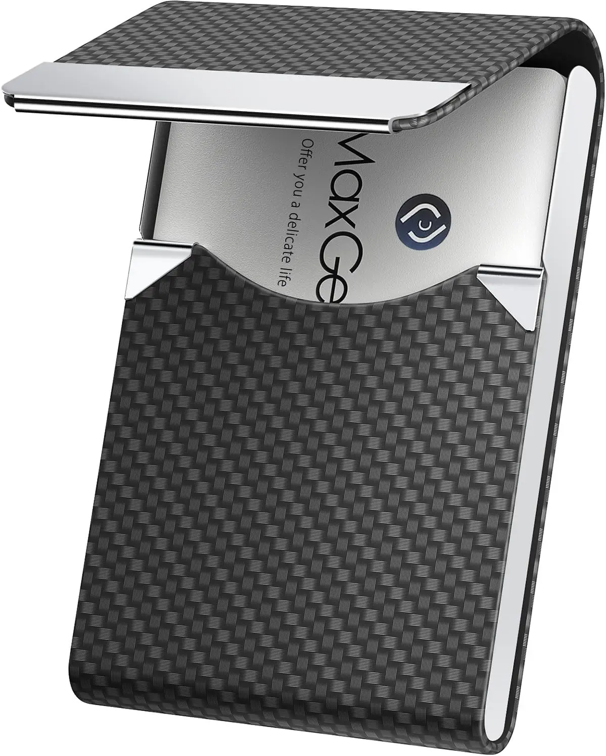 

Slim Business Card Holder, PU Leather & Stainless Steel, RFID Blocking, Magnetic Closure, Black Carbon Texture