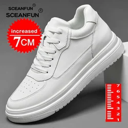 Genuine leather men's 7cm height increasing sneakers fashion casual shoes mens outdoor running sneakers size 36-44 designer