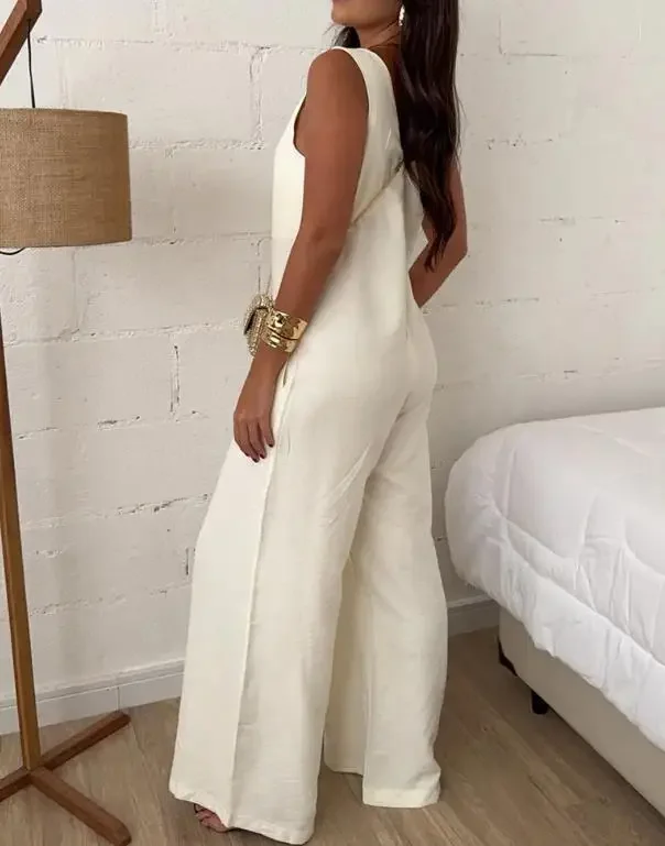 Women's Fashion V-Neck Sleeveless Backless Zipper Back Overalls 2026 Summer New Style Female Casual Wide Leg Jumpsuit