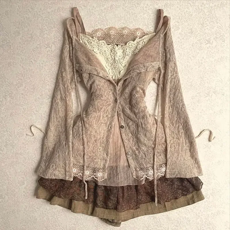 Japanisches Y2K Vintage Spitzen-Patchwork-Kleid Zweiteiliges Set Sommer Eleganter Retro-Cardigan + Süßes Ärmelloses Schmales Minikleid