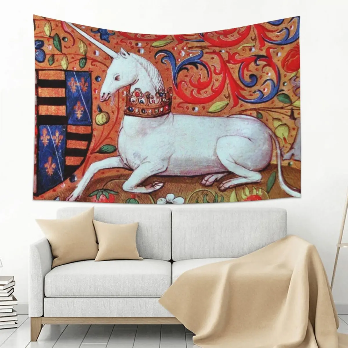 

UNICORN WITH RED BLUE WHITE FLORAL MOTIFS Medieval Miniature Tapestry