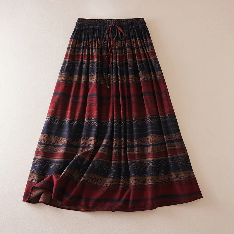 تنورة Faionable على شكل حرف A تنورة عرقية غير رسمية مخططة بخصر عالٍ تنورة متوسطة الطول لربيع وصيف وصلت حديثًا للسيدات...