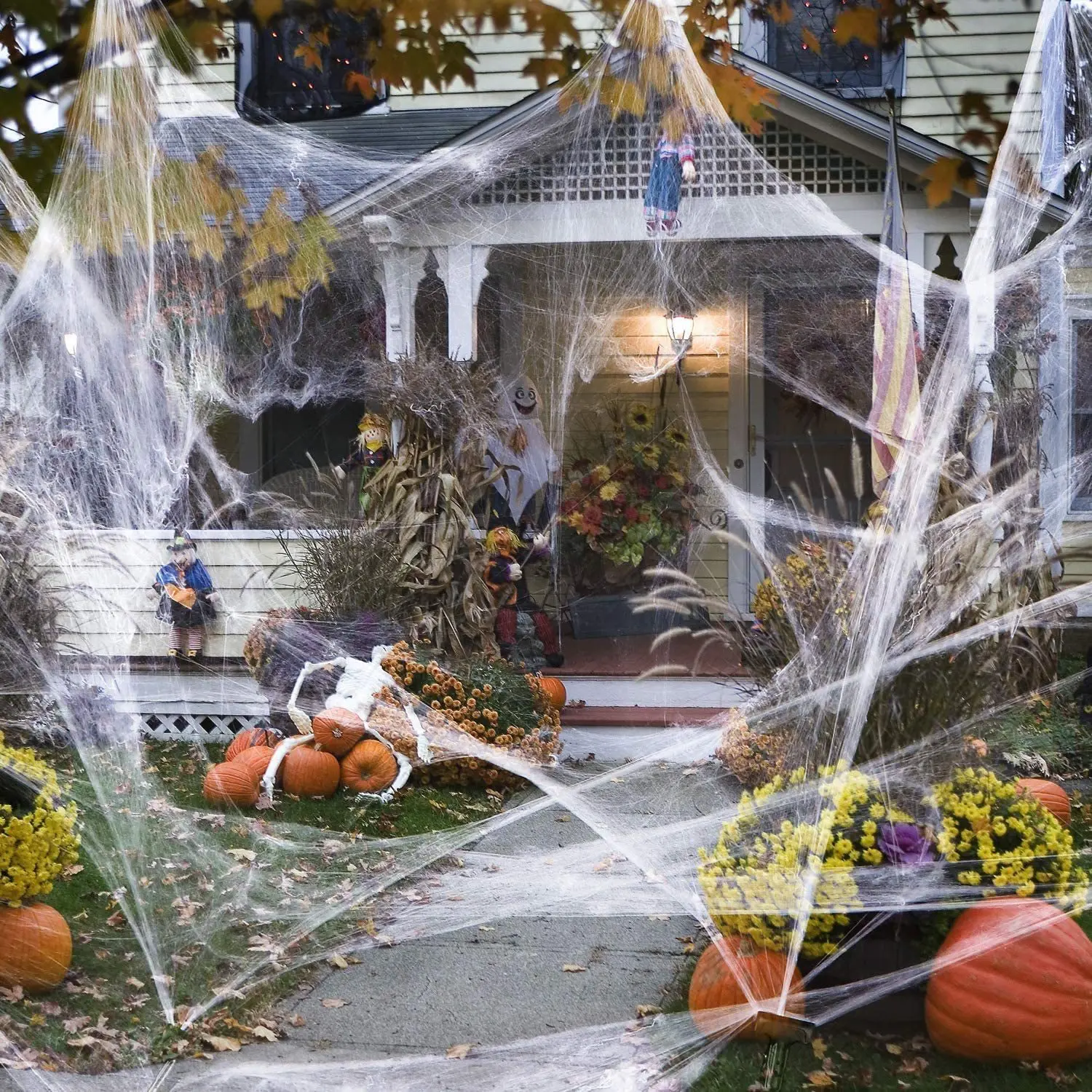 Halloween künstliches dehnbares Spinnennetz mit Spinnen Dekoration für Gothic Geisterhaus Party Horror gruselige Requisiten Accessoires realistisch langlebig perfekt für Innen Außen Halloween Partys und schaurige Dekor – Detail 4