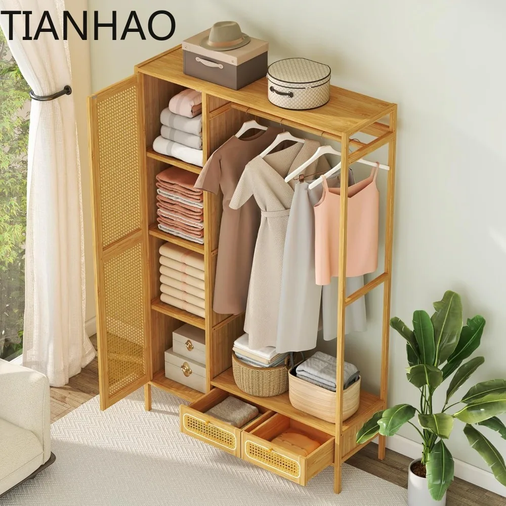 Bamboo Clothes Rack with Shelves, Freestanding Garment Rack w/Rattan Door, Hanging Rod, Storage Shelf, 2 Drawers,