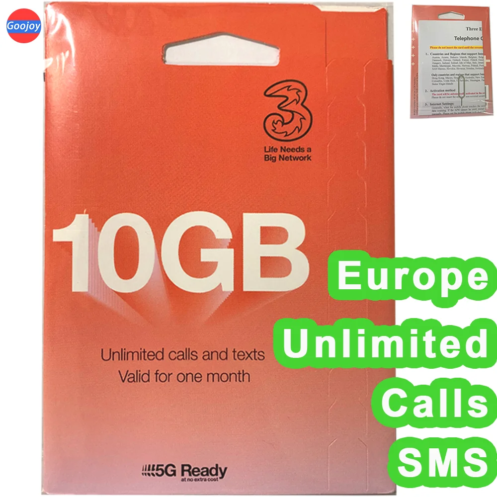 European 5G Unlimited Call & SMS，UK 10/30/100GB Data (Europe 12GB Data)，UK Phone Number，Can Top Up Yourself，UK Three Sim Card.