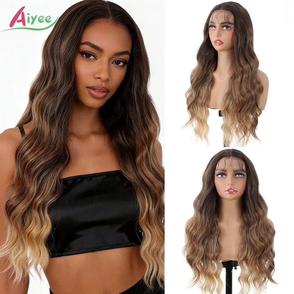Natural Cosplay Hairpiece 24 Inch 13x4 Wavy Long Lace Front Wig Ash Blonde Black Copper Ombre High Temp Fiber Synthetic Hair
