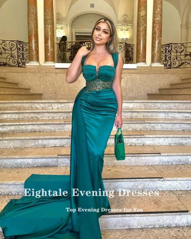 Eightale Green Sexy Evening Dress Spaghetti Strap Satin Arabic Mermaid Celebrity Formal Dubai Prom Gowns for Wedding Party