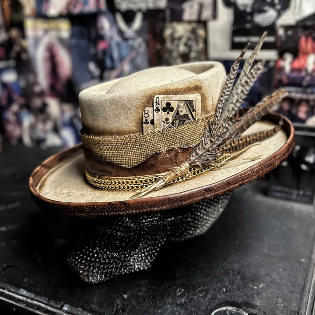 

Cotton and Linen Rope Decorated Wool Hat European and American Pork Pie Sheep Felt Hat