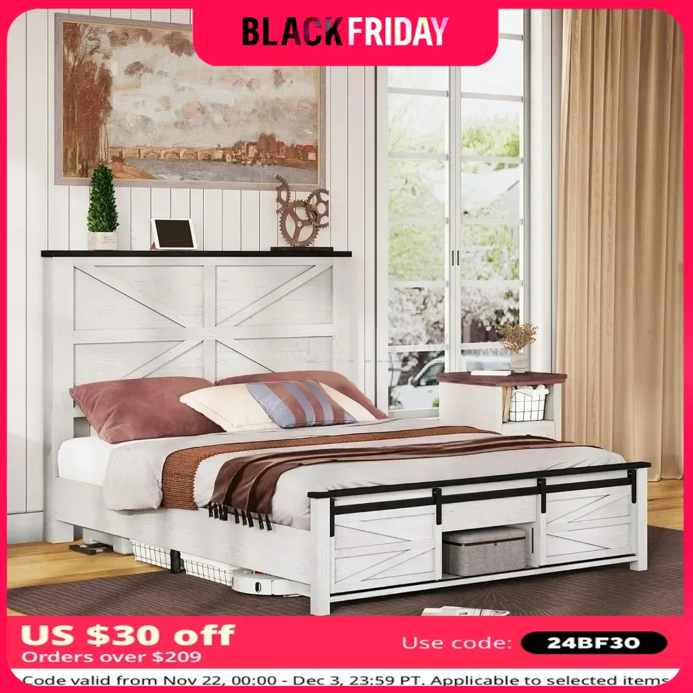 King Bed Frame with Sliding Barn Door Storage Cabinets and Headboard Solid Wood Slats Support No Box Spring Needed Bed Frame