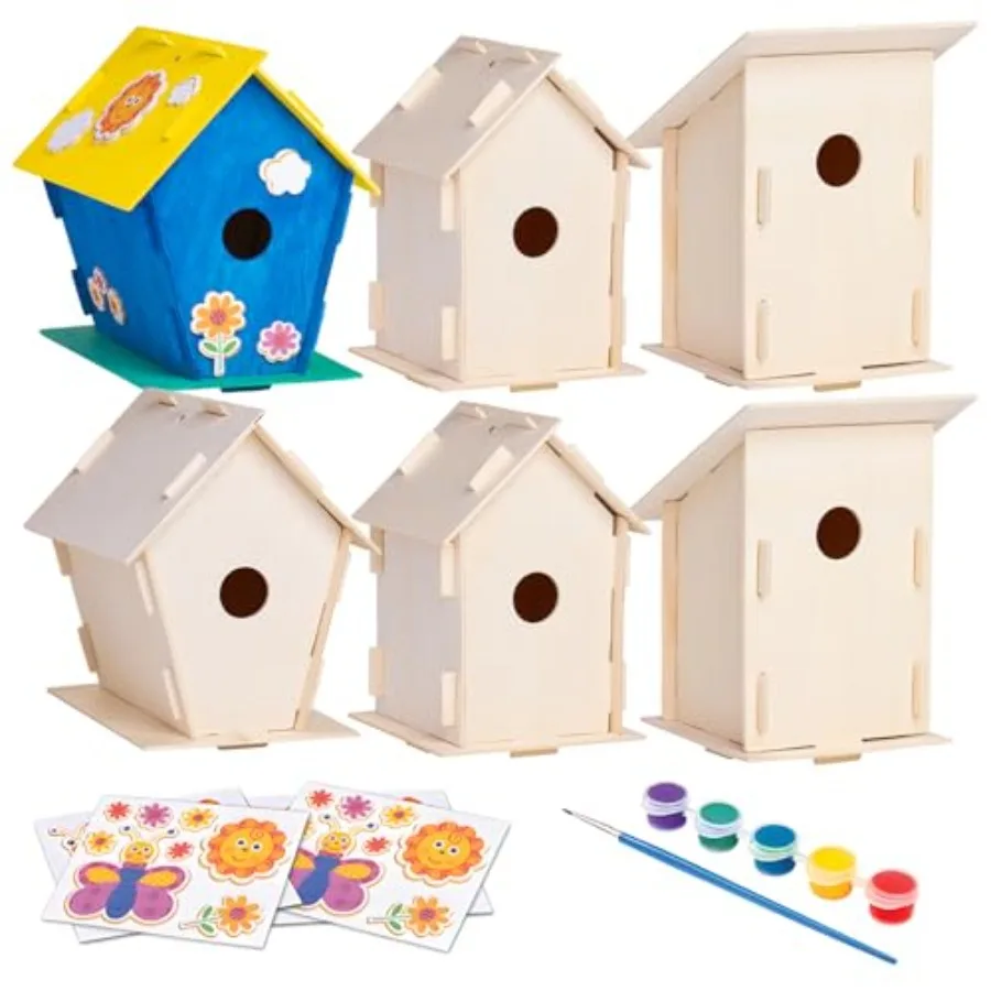 

DIY 12 Wooden Bird House Kits - Creative Arts and Crafts Set for and Adults - Unfinished Wood Birdhouses with Paint Strips, Bru