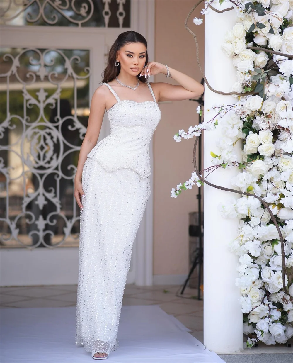 Amanda Customized White Column Shiny Sequins Prom Dresses Beading Spaghetti Strap vestidos de noche Sleeveless Formal Evening
