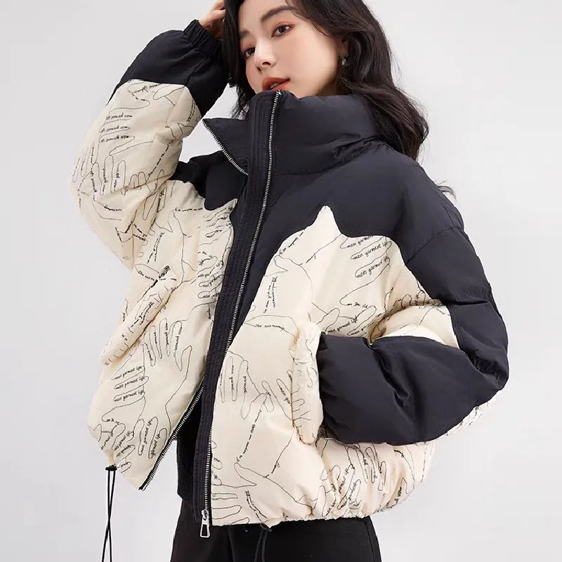 Women\'s Short Down Jacket with Stand-up Collar, White Duck Down, Thick Warm Color, Collision Printed Coats, Casual Winter Parka