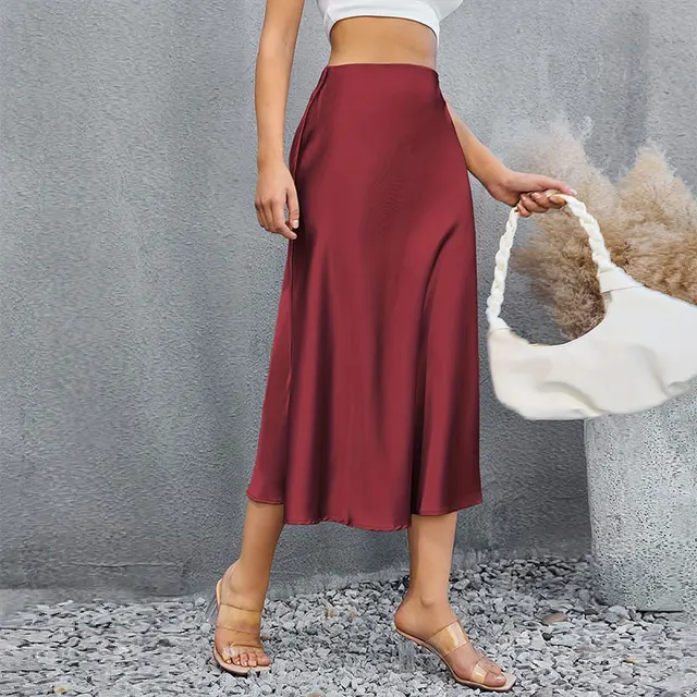Satynowe spódnice dla kobiet Koreański styl Szampan Biuro Wysoka talia A-line Skort Moda Elegancka długa spódnica ołówkowa Jedwab Like