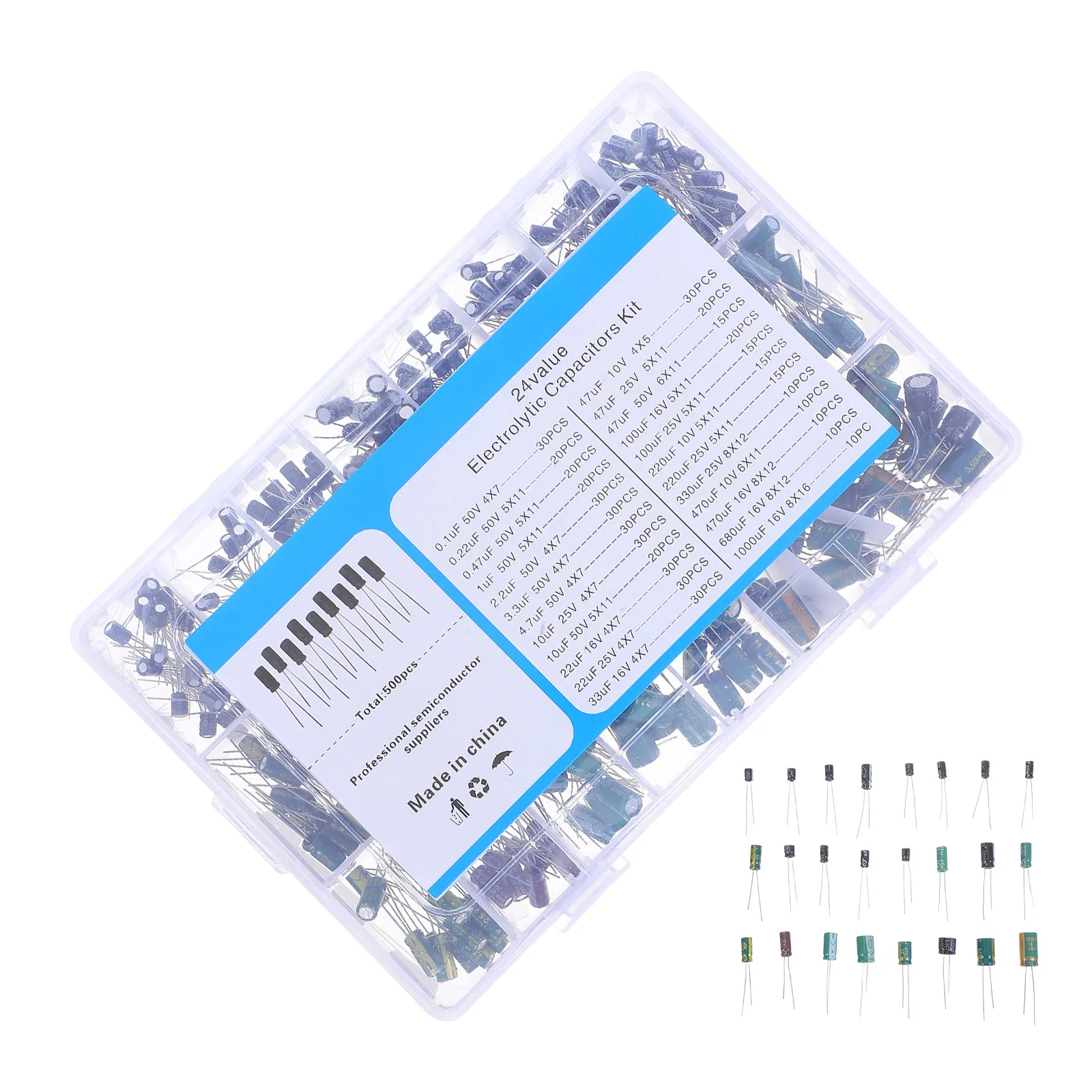 500Pcs Electrolytic Capacitor Kit Aluminum Assortment 0.1uf-1000Uf Lifespan Compatible for LCD Radios Stereo Electronics