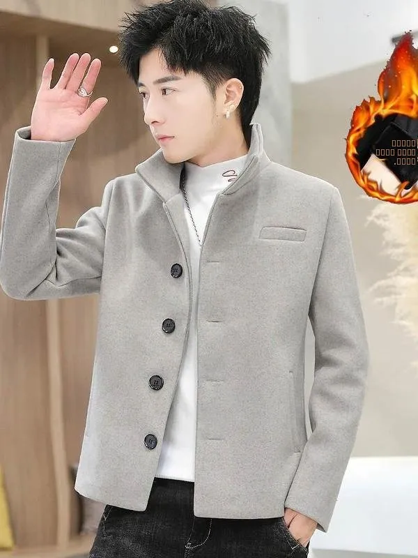 

Men's Casual Woolen Jaet Autumn Winter Hong Kong Sle Faionable Brand Stand Collar Coat Stand Fit Warmth Protection