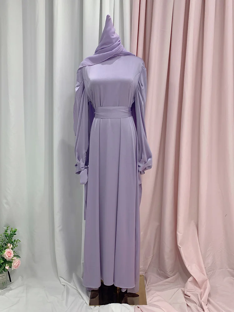 Satin Abaya Dress Muslim Women Solid Color Wrap Front Long Sleeve with Belt Long Maxi Dress Summer Dubai Turk Modest Wear