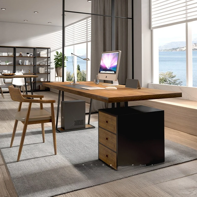 Study solid wood desktop computer desk log workbench with chest of drawers boss home office