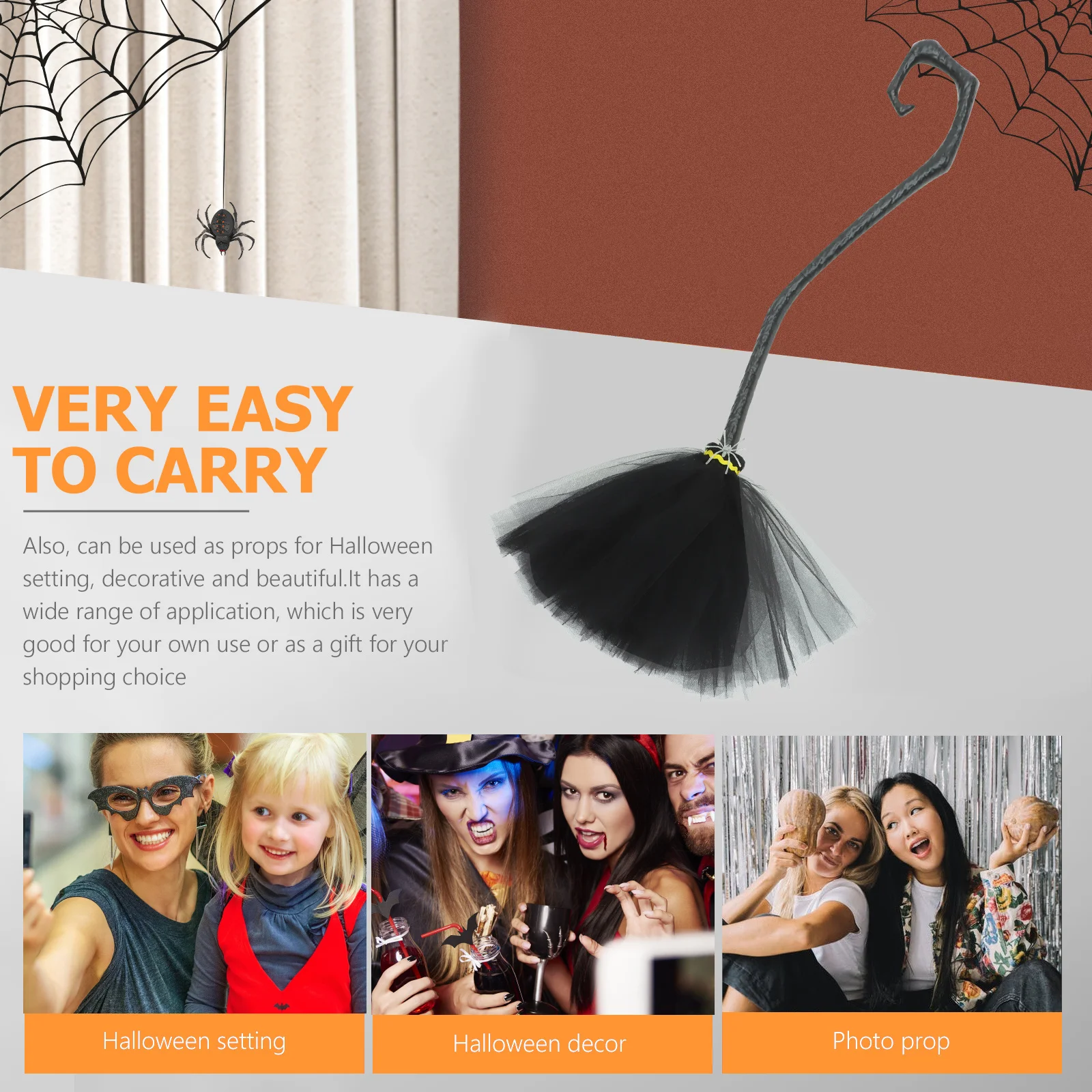 

Plastic Witch Broom Halloween Cosplay Prop Gauze Made Safe Decorative Long Service Time Witch Broom Halloween Decoration