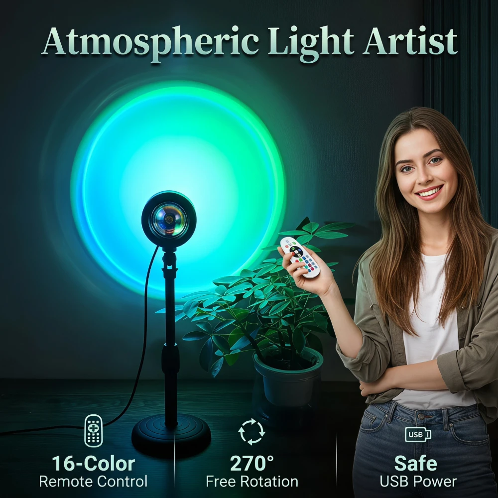 1pc USB 5V RGB Projector Lamp with 16 Color Modes Adjustable Night Light for Bedroom Decoration Party Live Photography Christmas