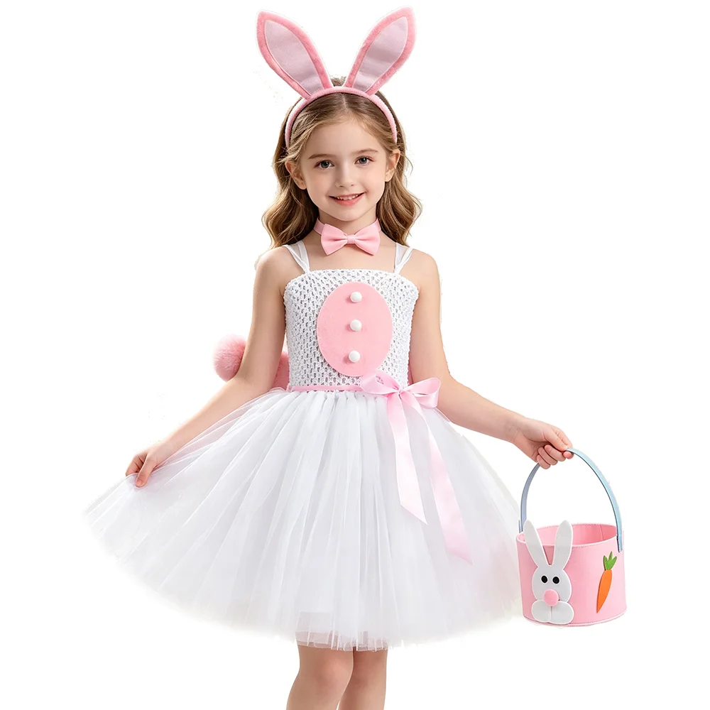 Kids White Pink Bunny Tutu Dress for Girls Easter Holiday Costumes with Rabbit Ears Bowtie Tail Children Birthday Party Outfit