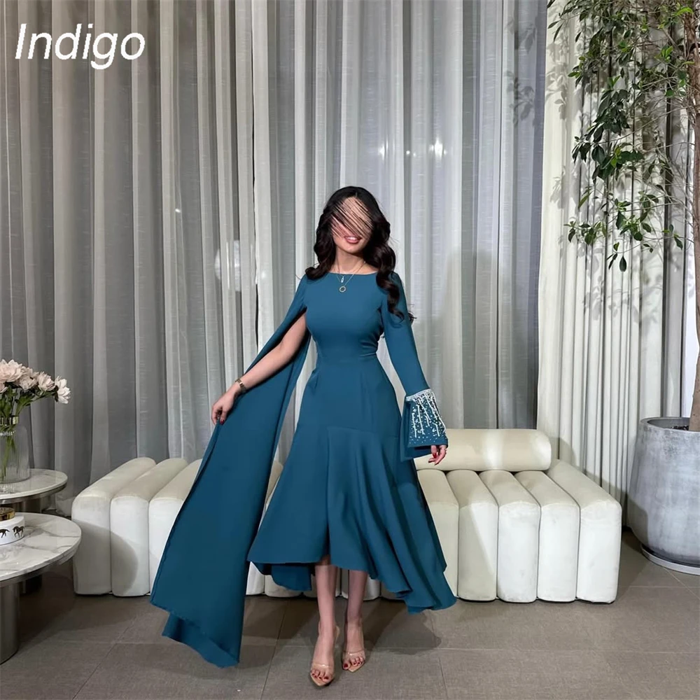 

Indigo Elegant A-Line Prom Dresses Long Sleeve O-Neck Beading Tea-Length Pleat Formal Party Prom Gown فساتين السهرة Customized