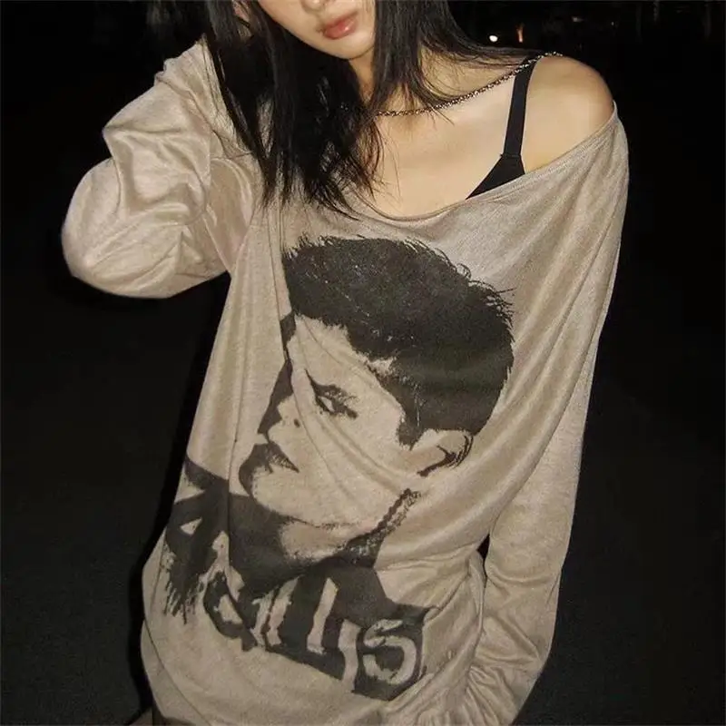 Women Y2K Gothic Grunge Loose T Shirts Off Shoulder Streetwear Fairycore Hip Hop Tops Punk Casual Long Sleeve Top Female Clothes