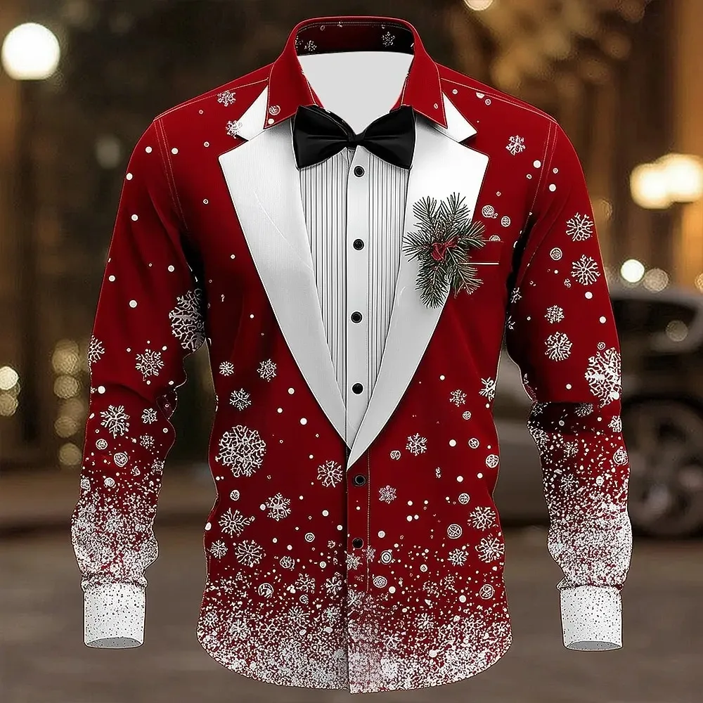 Men's Christmas Tree Snowflake Patterned Shirt, Tie Printed Dress, Fashionable Casual Style, Long Sleeved Lapel, Trendy Street S