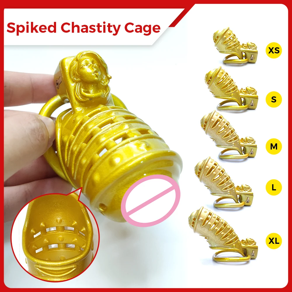 

Golden Spiked TS CD Cock Cage Pussy Vaginal Chastity Devices Cage Male Bondage Penis Ring Sex Shop BDSM Gay Ladyboy Sex Toys