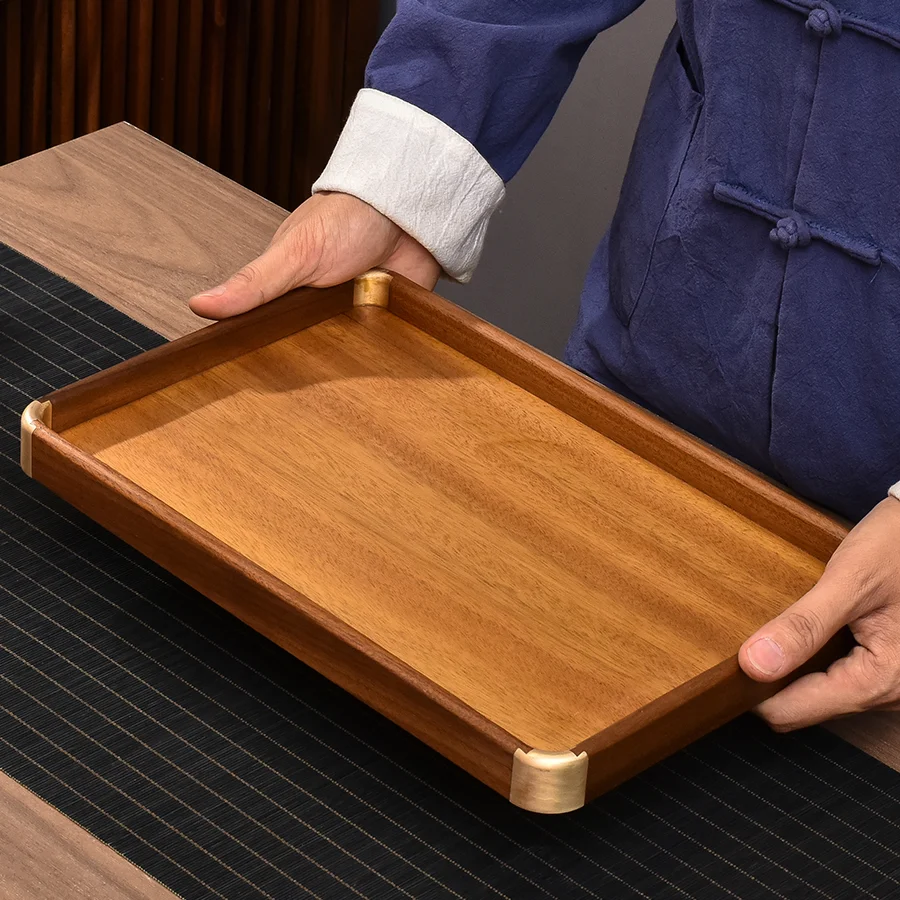 Household solid wood tray, rectangular storage tea set, natural walnut wood tea tray inlaid with copper corner, small pot holder