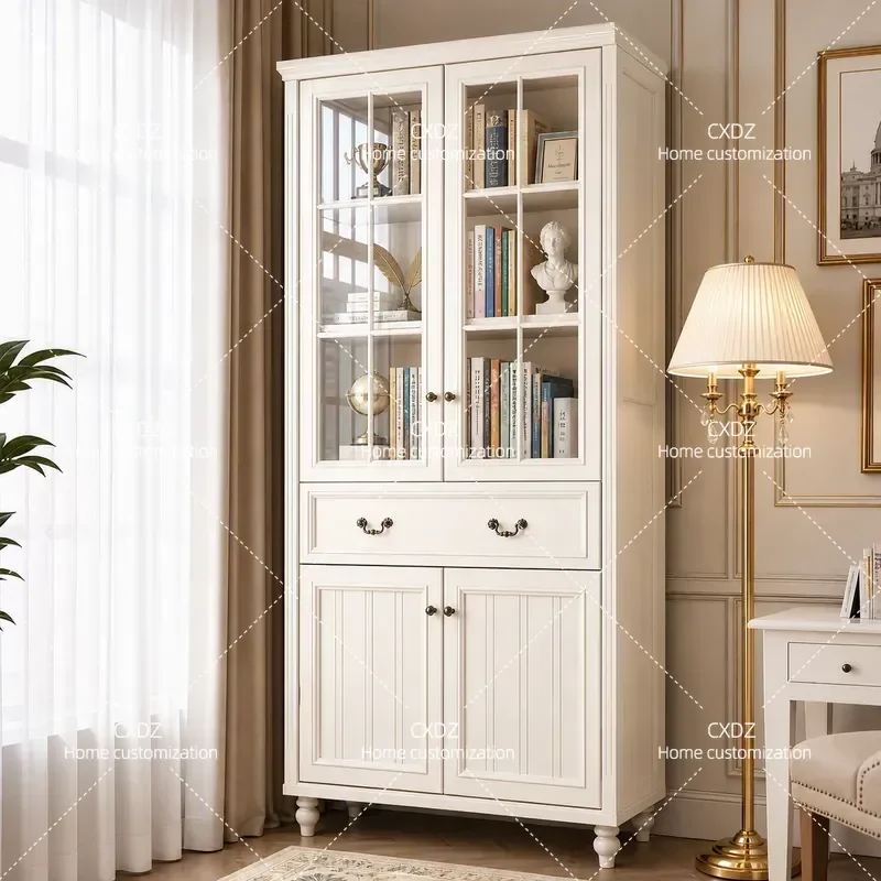 American Style All Solid Wood Double Door Bookcase Household Study Storage Cabinet Small Apartment Wall Mounted Glass Display