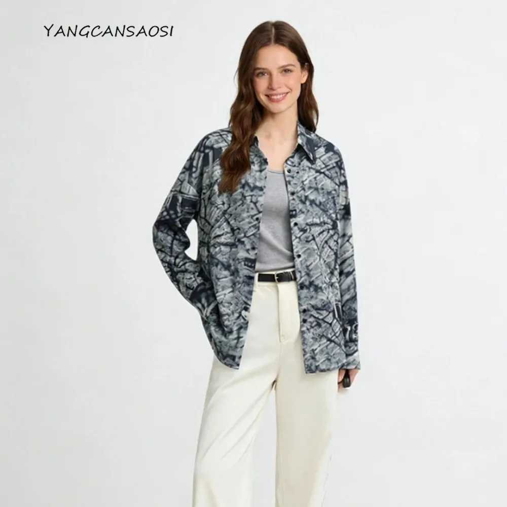 

100% натуральный шелк крепдешин, женская модная рубашка с длинным рукавом и отложным воротником в стиле ретро с принтом, новинка весны 2026 года