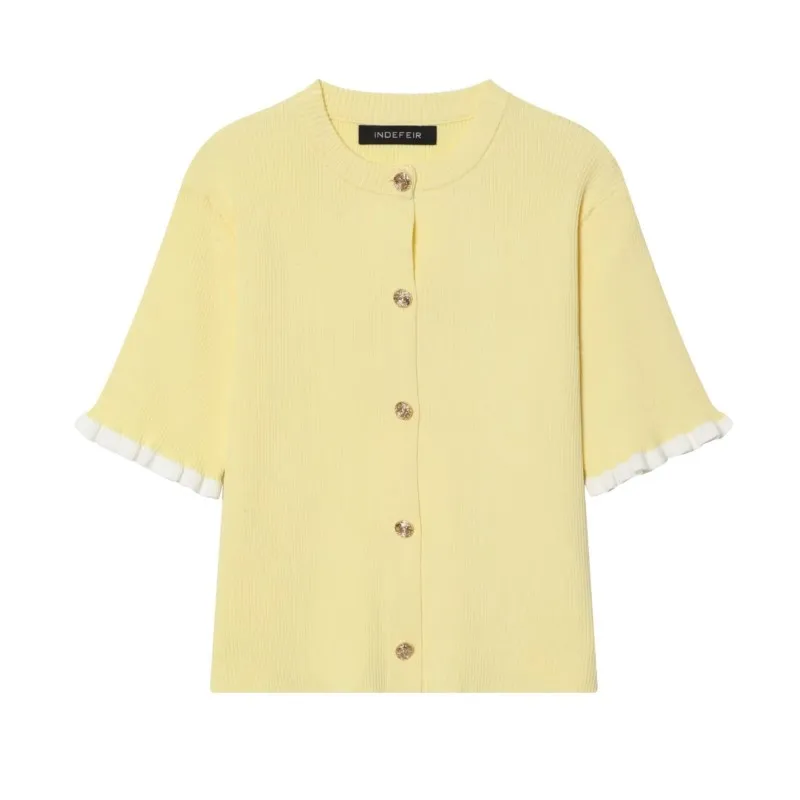 

Women's Knit Contrast Cardigan With Button Spring Summer Short Sleeve Knitted Women's Solid Sweater Elastic O Neck Female Top