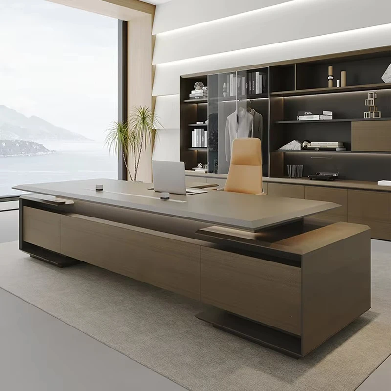 

Роскошный современный офисный мебельный гарнитур: L-образный деревянный стол руководителя и стул, комплект для генерального директора/руководителя