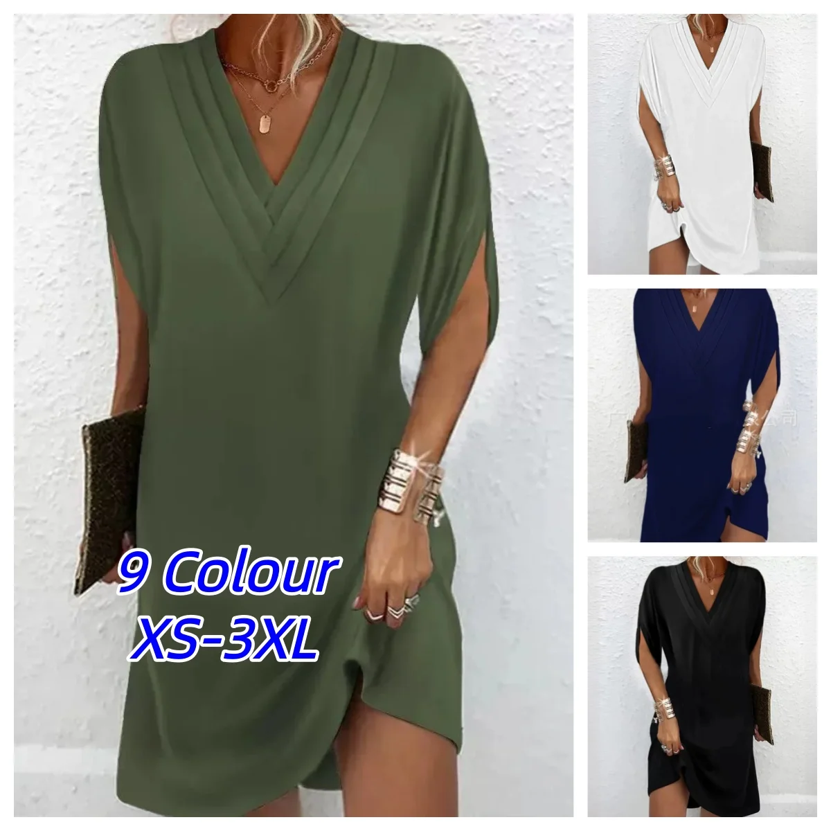 Women Elegant Multi-layered V Neck Pullover Dresses Summer Batwing Half Sleeve Dress New Female Solid Color Commuter Casual Gown