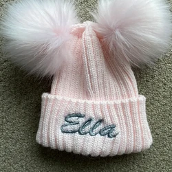 0-3 Years Older Baby Embroidered Name Double Pom Pom Hat Kids Baby Shower Gift Winter Hat Personalized Baby Beanie Baby Hat