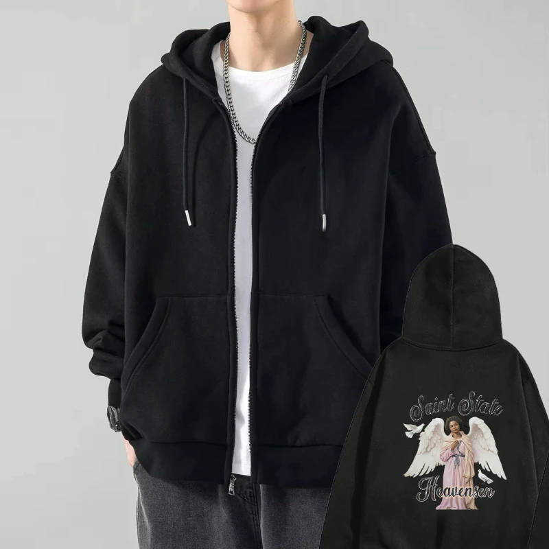 

Men's Hooded Jacket Black Angel Wings Printed God Like Text Design Casual Streetwear for Daily Wear and Fashion Outfits