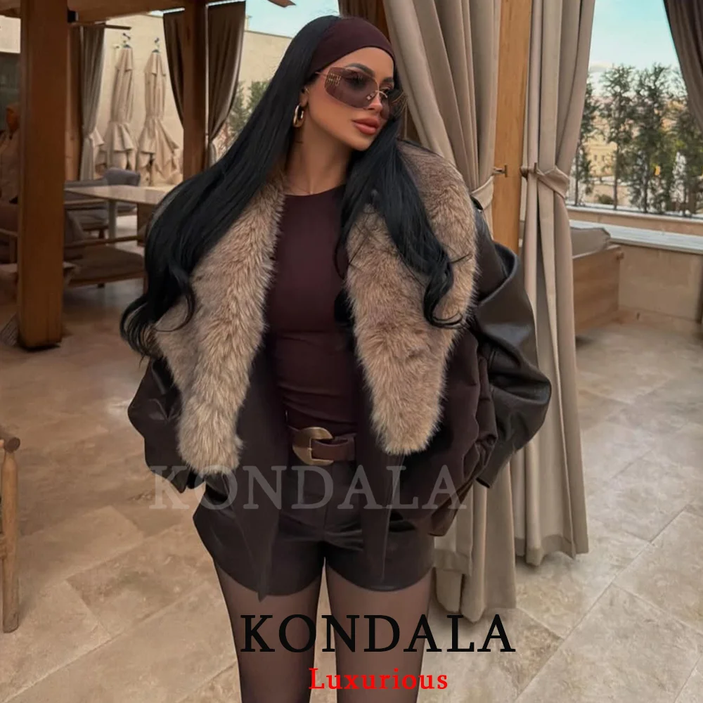 KONDALA Streetwear Pelzkragen Lederjacken Damen Langarm Taschen Übergroße Mäntel Mode 2026 Herbst Winter Outwears