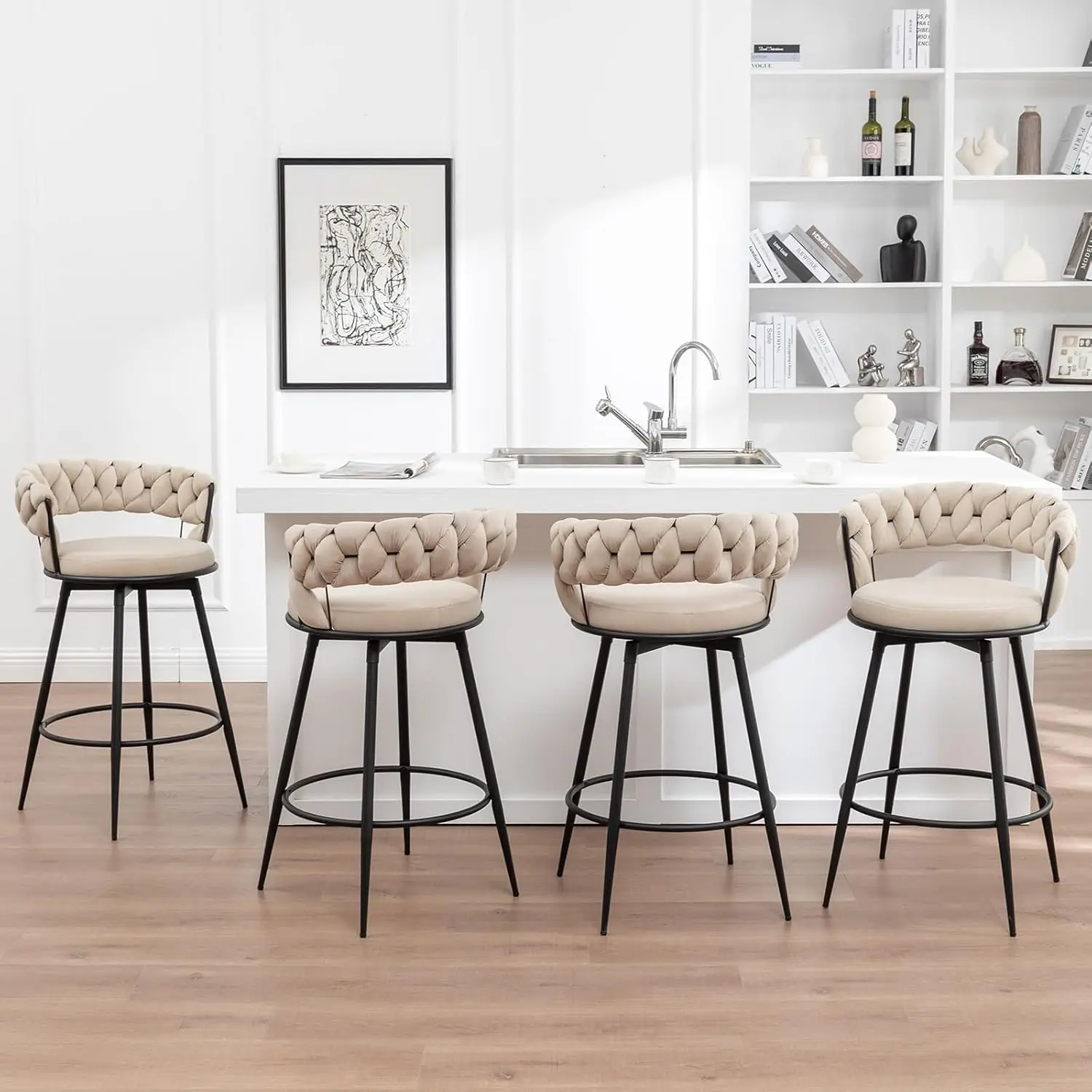 

Swivel Bar Stools Set of 4 Modern Woven Back Velvet Counter Height for Kitchen Island Cafe Pub Beige, Customized