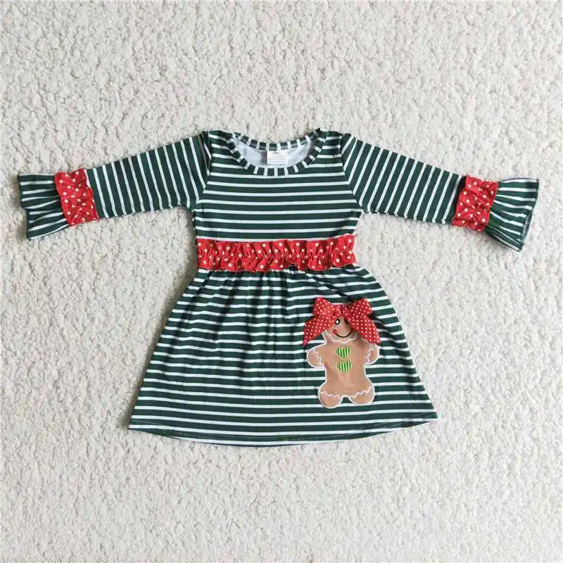 2022 Rts New Design Wholesale Long Sleeve Ginger Child Ruffle Dresses Toddler Kids Embroidered Dress Girls Baby Striped Dresses