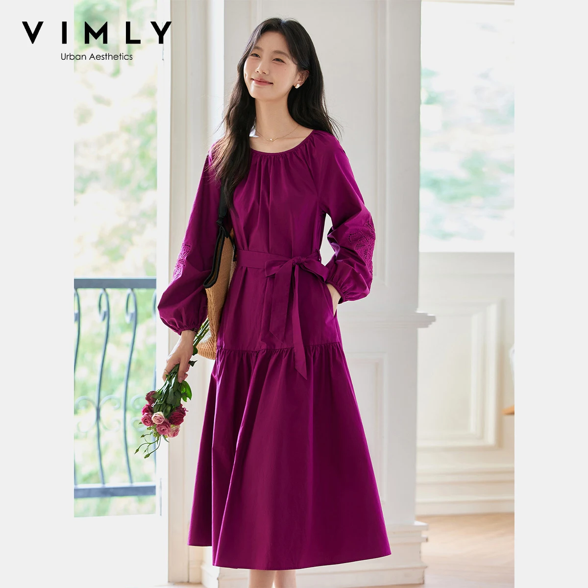 VIMLYชุดยาว 2025 ผู้หญิงฤดูใบไม้ร่วงElegant Partyผ้าฝ้ายปักHollow OutชุดรอบคอA-Line LadyชุดA2013