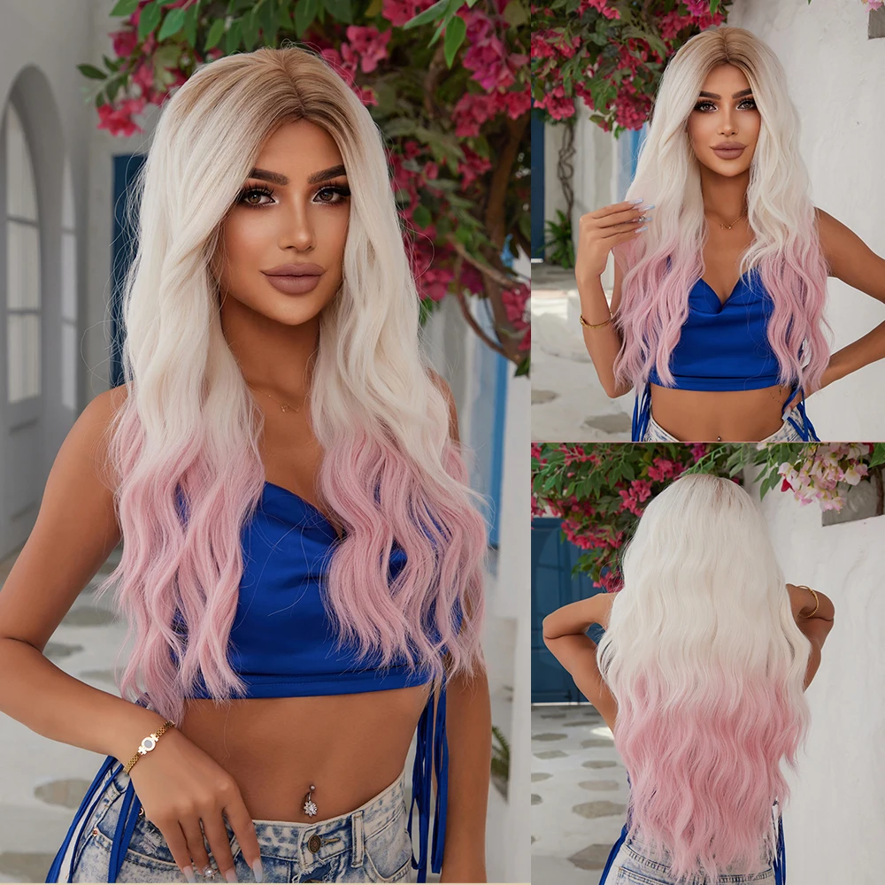 Eleganckie peruki syntetyczne Ombre White to Pink Color Water Wavy Curly Wig dla dziewcząt i kobiet Naturalne włosy Codzienne użytkowanie Cosplay