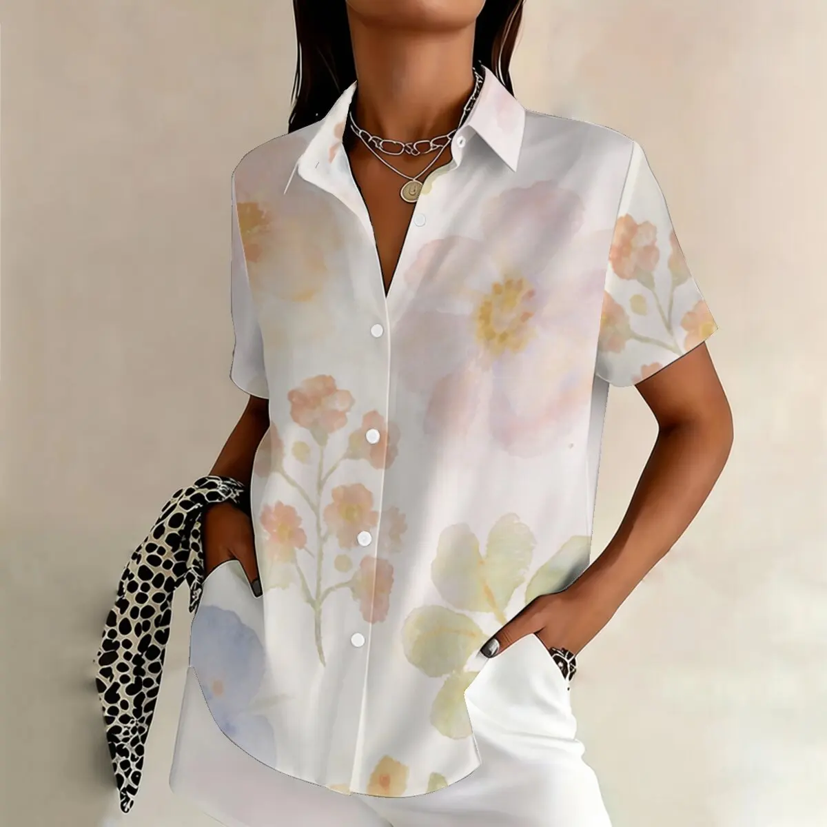

Summer women's plus-size short-sleeve shirt, elegant watercolor flowers, gentle and age-reducing, suitable for dating gatherings