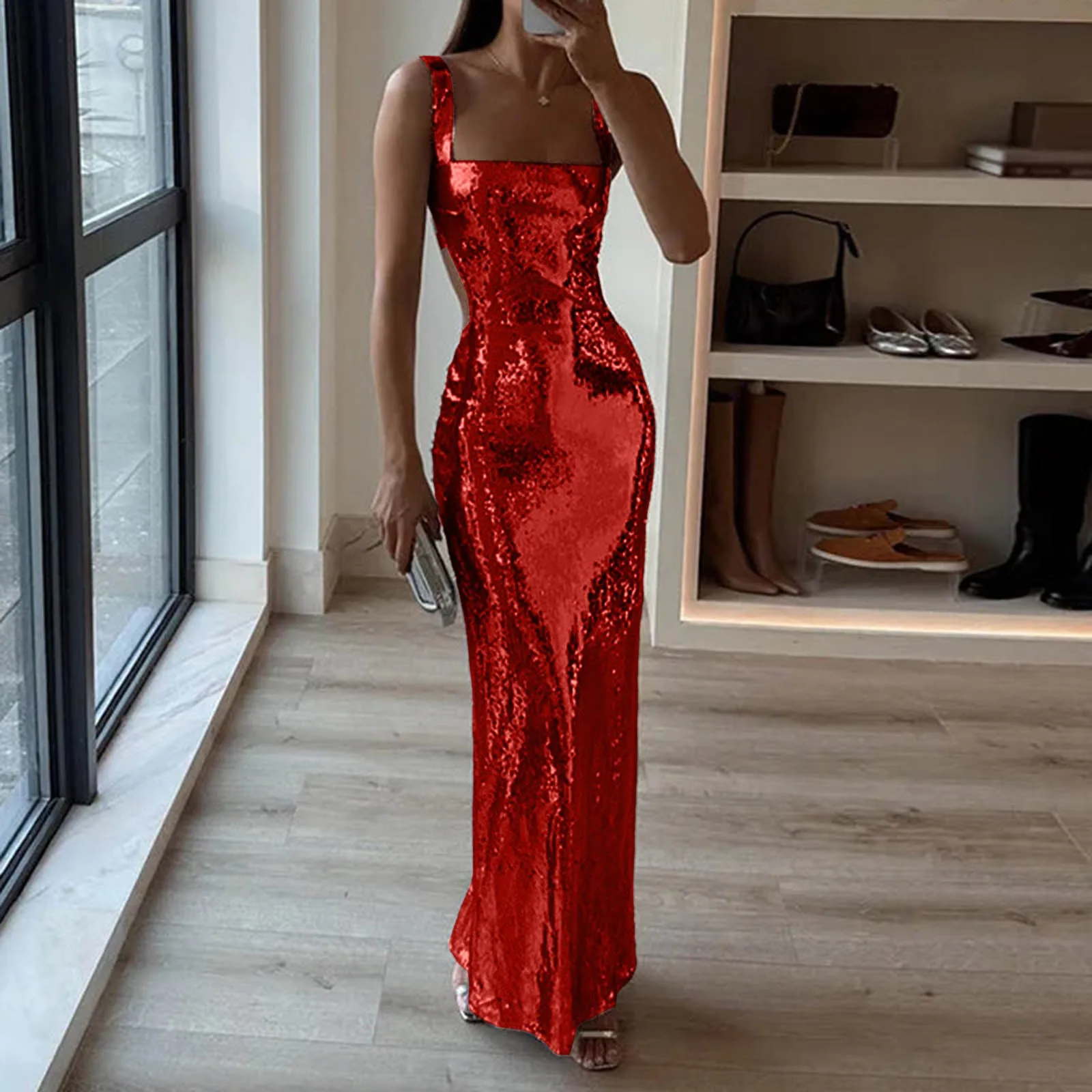 2024 Summer Elegance Versatile and Sexy Square Neck Solid Color Sequin Sling Long Dress for Women Evening Dresses Woman Elegant