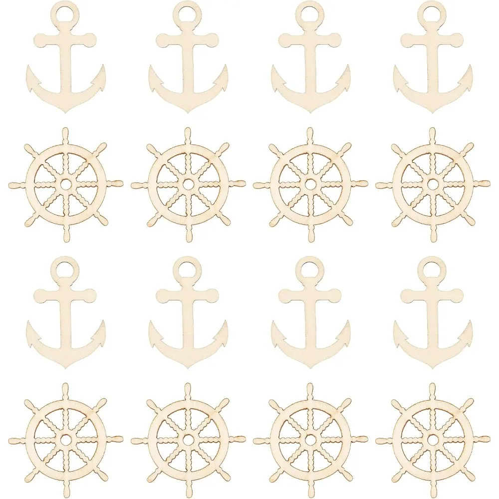 about 60Pcs 2 Style BurlyWood Wooden Anchor Rudder Shape Decoration Laser Cut Nautical Big Pendants Unfinished Wood Anchor