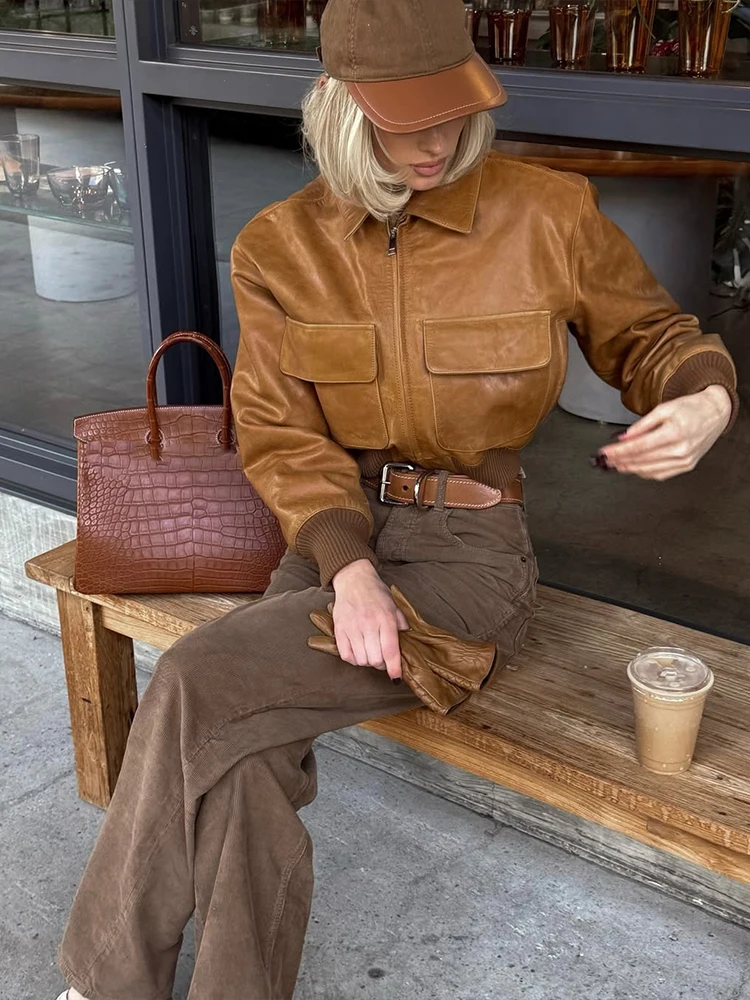 Kliou الخريف نمط جديد المحاصيل سترة امرأة فو الجلود البريدي التلبيب جيب الديكور كم كامل شارع العليا معاطف الموضة الكلاسيكية